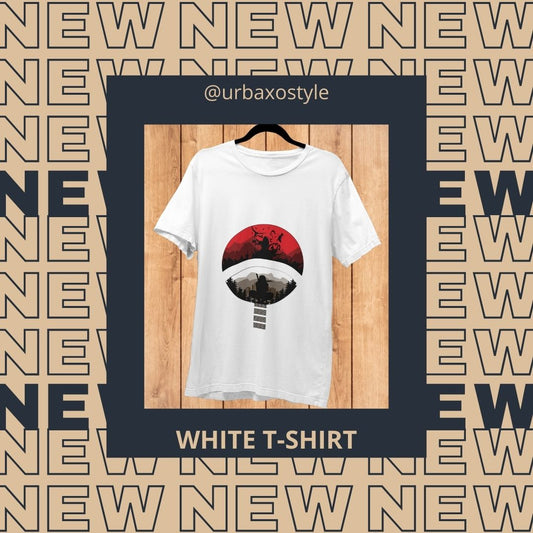 "Model wearing Urbaxo Itachi oversized t-shirt featuring minimalist anime design, relaxed streetwear fit, inspired by Itachi Uchiha"