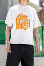 Urbaxo oversized white t-shirt with "Future Is Nasty" graphic print, edgy streetwear statement piece