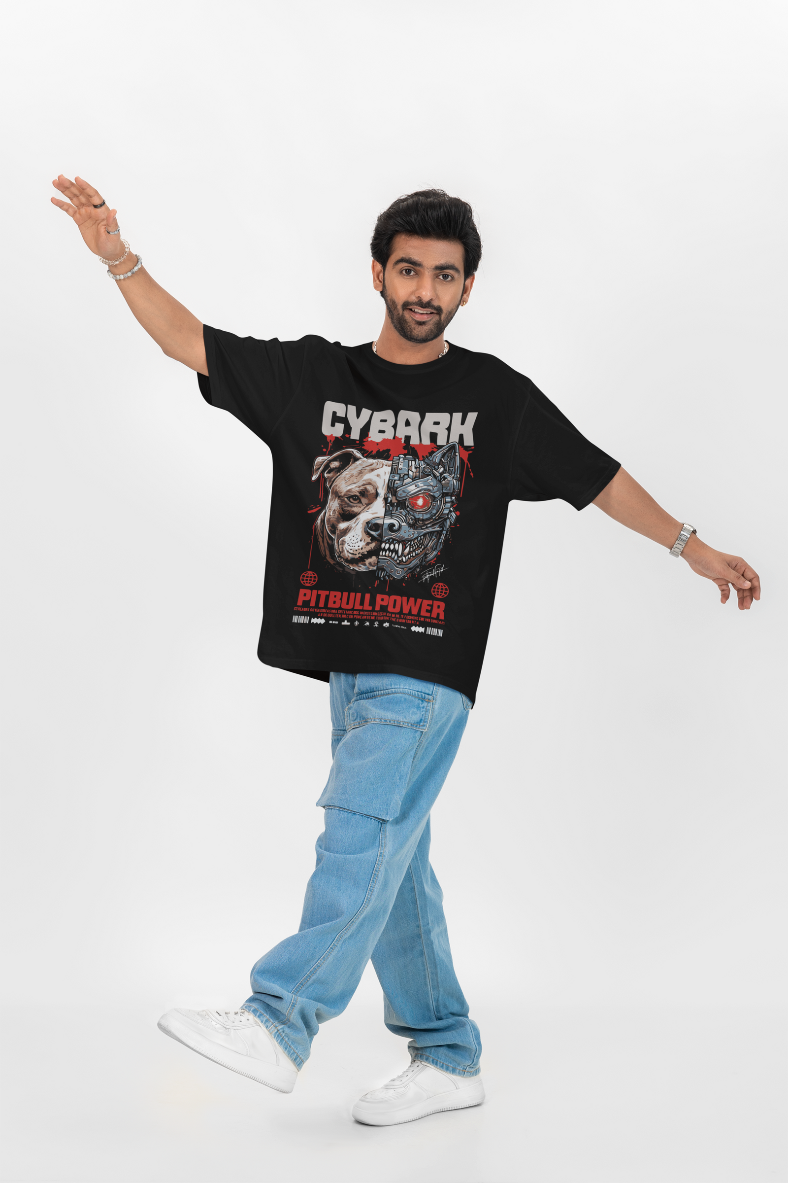 Bold Pitbull graphic on an oversized tee, designed by Urbaxo for a stylish and comfortable streetwear look